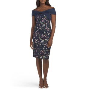 JS COLLECTIONS Deep Navy Off The Shoulder Embroidered Floral Cocktail Dress